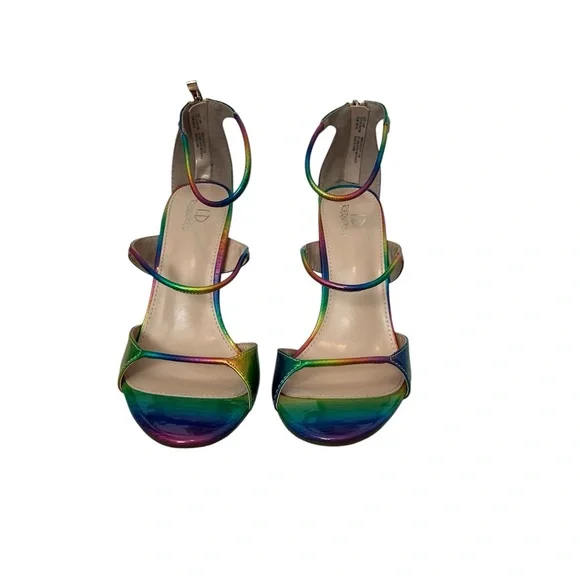 I.D Required Metallic Rainbow Colored Iridescent Strappy Heels Size: 10 Wide - Picture 4 of 8